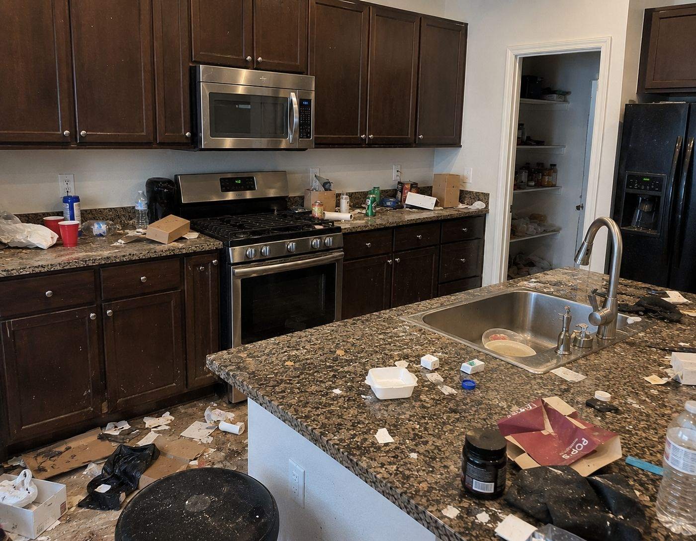 Kitchen before cleaning: trash and debris on counters and floor