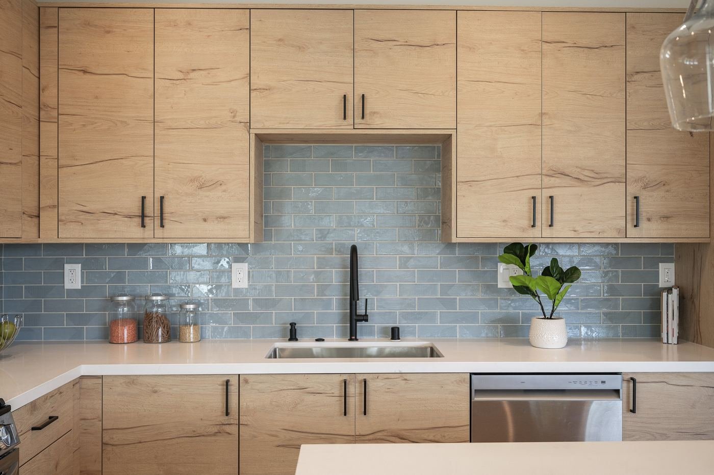 Clean kitchen with oak cabinets